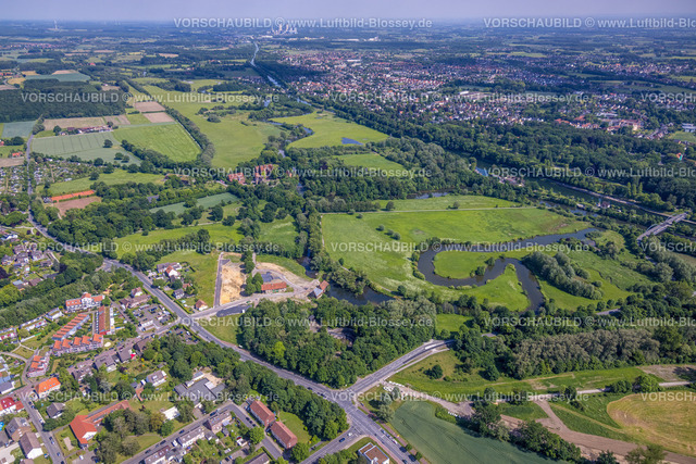 Hamm220504480 | Luftbild, Schloss Heessen Privatschule, Baustelle und Renovierung der Schlossmühle am Mühlengraben und Mühlenteich, Fluss Lippe Mäander, Heessen, Hamm, Ruhrgebiet, Nordrhein-Westfalen, Deutschland