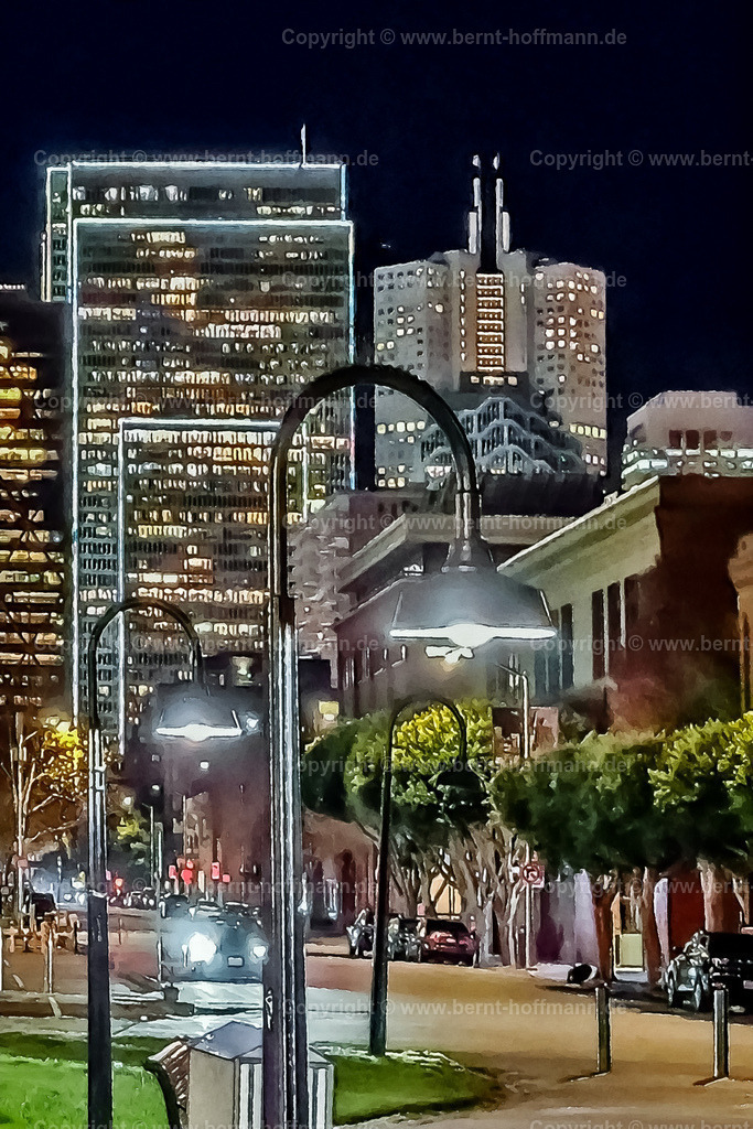 PAD2_FD_FriscoNight_ct1_80x120 | DIGITALKUNST. San Francisco by night. __ Blick auf das Embarcadero in San Francisco. __ Das Basisfoto für dieses malerisch verwandelte Werk hat der Wahl-Amerikaner Frank Döpke gemacht und es Bernt Hoffmann für dessen Kunstpart zur Verfügung gestellt. __ Seitenverhältnis = 2 zu 3 - Realisiert mit Pictrs.com