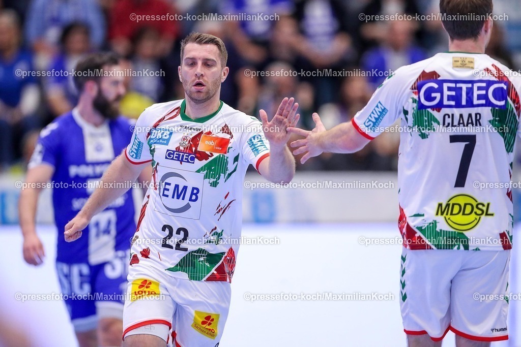 Gum15052501047 | 15.05.2025, Handball, HBL, VfL Gummersbach - SC Magdeburg, Schwalbe-Arena: Torjubel Lukas Mertens (Magdeburg #22) mit Felix Claar (Magdeburg #07) 