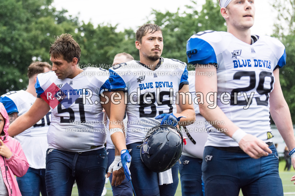 American Football, Saison 2023, Regionalliga Nord, Black Swans - Hamburg Blue Devils, TSG Swans Field, 01.07.2023, 6. Gameweek | Moritz Pieper (#85, Blue Devils, WR)
