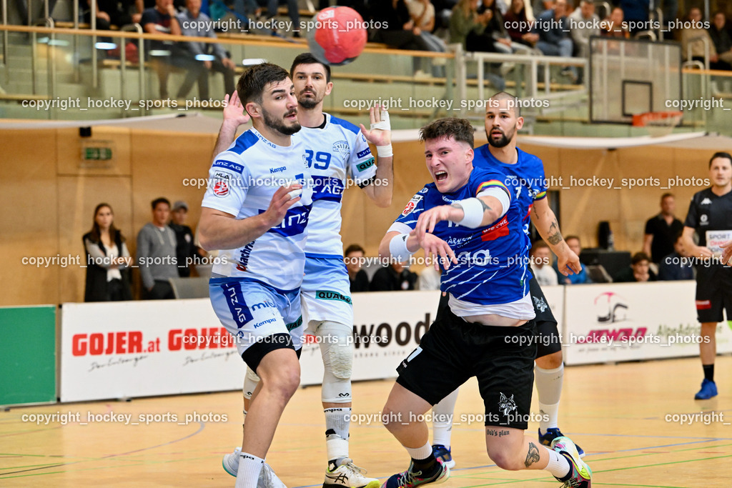 SC Ferlach vs. HC Linz AG 11.10.2023 | #7 GRGIC Mislav HC LINZ, #39 HAMZIC Arnad HC LINZ, #17 PAVLOV Hari SC Ferlach, #81 MILICEVIC Adrian SC Ferlach, SC Ferlach vs. HC Linz AG 11.10.2023, SC Ferlach vs. HC Linz AG am 11.10.2023 in Ferlach (Ballspielhalle Ferlach), Austria, (Photo by Bernd Stefan)
