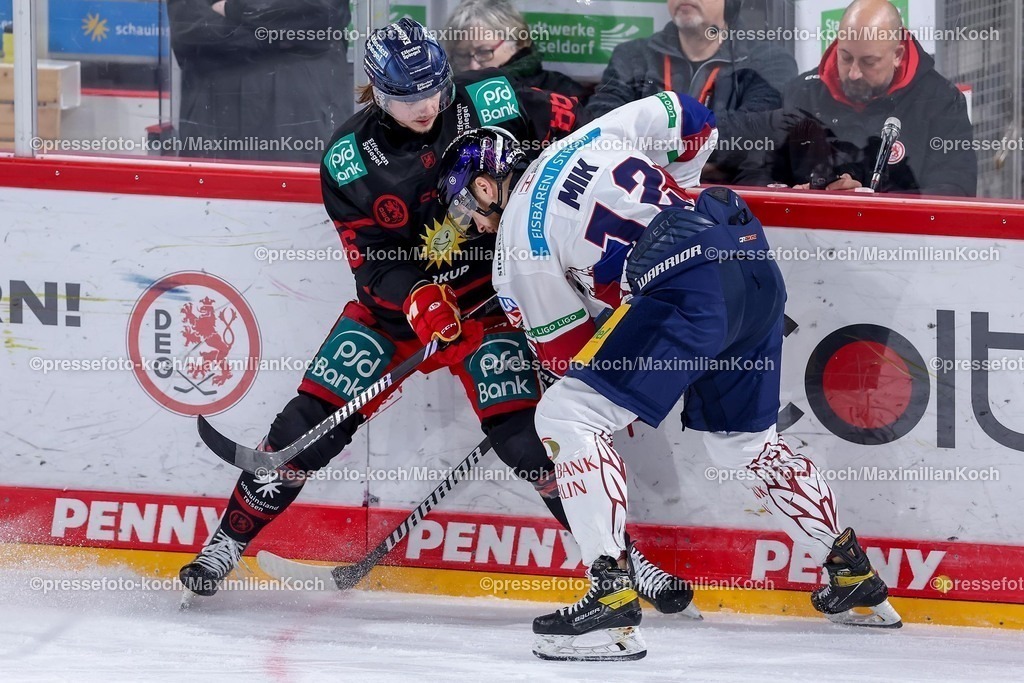 DEG12012501031 | 12.01.2025, Eishockey, Penny DEL, Düsseldorfer EG - Eisbären Berlin, PSD-BANK Dome: Drake Rymsha (DEG #86) im Zweikampf gegen Eric Mik (Eisbären Berlin #12)