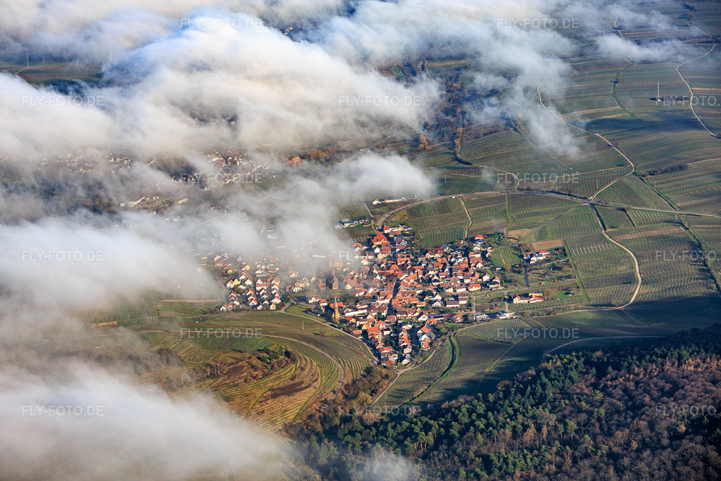 Luftbild: Winzerort unter Wolken aus Westen in Birkweiler im Bundesland Rheinland-Pfalz in Deutschland. Foto: IMG_153189.jpg vom 25.02.2026 durch Werner Riehm/FLY-FOTO.de