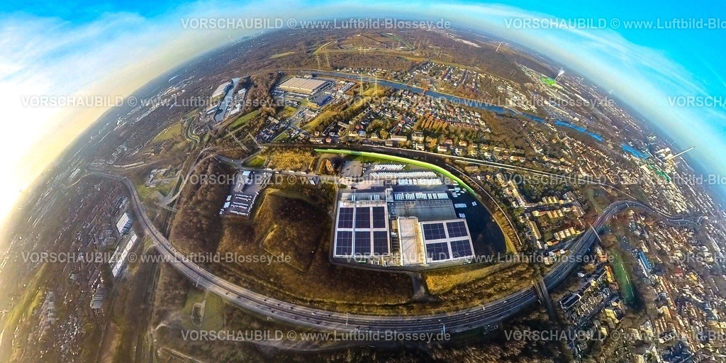 Herne240190098NordFrost | Luftbild, Werksgelände Nordfrost GmbH mit Solardach, an der Autobahn A42, hinten Wohngebiet Unser Fritz und der Rhein-Herne-Kanal, Erdkugel, Fisheye Aufnahme, Fischaugen Aufnahme, 360 Grad Aufnahme, tiny world, little planet, fisheye Bild, Unser Fritz, Herne, Ruhrgebiet, Nordrhein-Westfalen, Deutschland