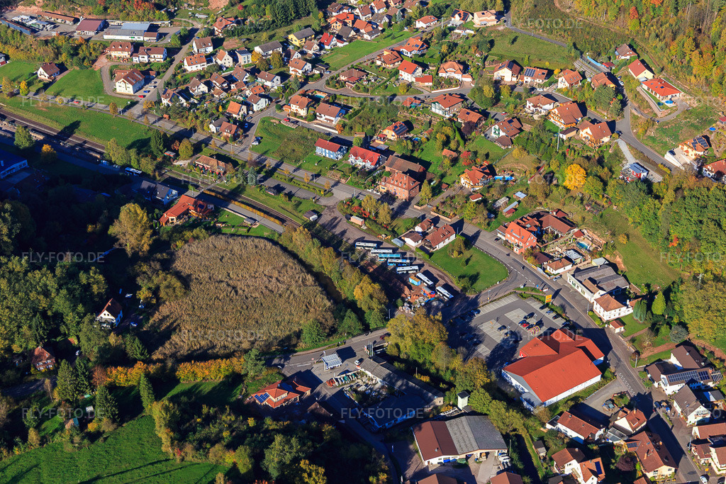 Luftbild: Netto Marken-Discount und Bus-Bahnhof in Bundenthal im Bundesland Rheinland-Pfalz in Deutschland. Foto: IMG_103901.jpg vom 14.10.2017 durch Werner Riehm/FLY-FOTO.deWWW.NETTO-ONLINE.DE