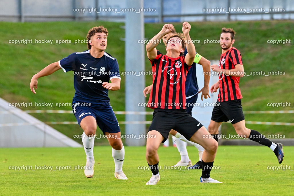 SC St. Veit vs. FC Nussdorf Debant | #50 Davor Ponjavic SC St. Veit, #17 Julian Graf FC Nussdorf Debant, #9 Dominik Sporer FC Nussdorf Debant, SC St. Veit vs. FC Nussdorf Debant, SC St. Veit vs. FC Nussdorf Debant am 22.08.2025 in St. Veit an der Glan (Jacques Lemans Arena), Austria, (Photo by Bernd Stefan)