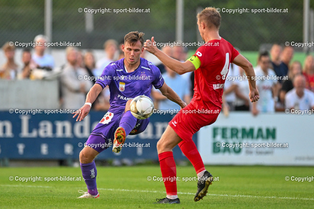 AUT, OEFB Uniqa Cup, Fussball Askoe Oedt vs FK Austria Wien | 28.08.2024, Transdanubia Sportanlage Oedt, AUT, OEFB Uniqa Cup, 2. Runde, Askoe Oedt vs FK Austria Wien, im Bild Florian Fellinger (Askoe Oedt) vs Nik Prelec (FK Austria Wien)