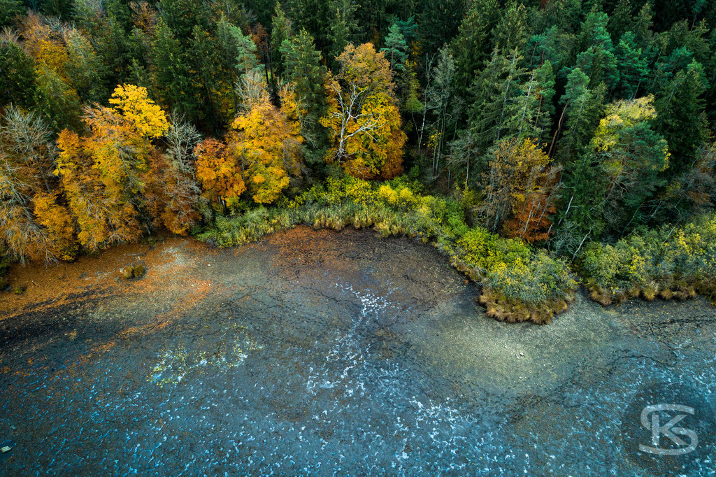 Allgäu-See-Landschaft aus der Luft mit Mischwald im Herbst | Atemberaubende Allgäu-See-Landschaft aus der Luft mit farbenprächtigem Mischwald im Herbst – idyllische Natur, klare Gewässer und leuchtende Herbstfarben für beeindruckende Drohnenaufnahme - Realisiert mit Pictrs.com