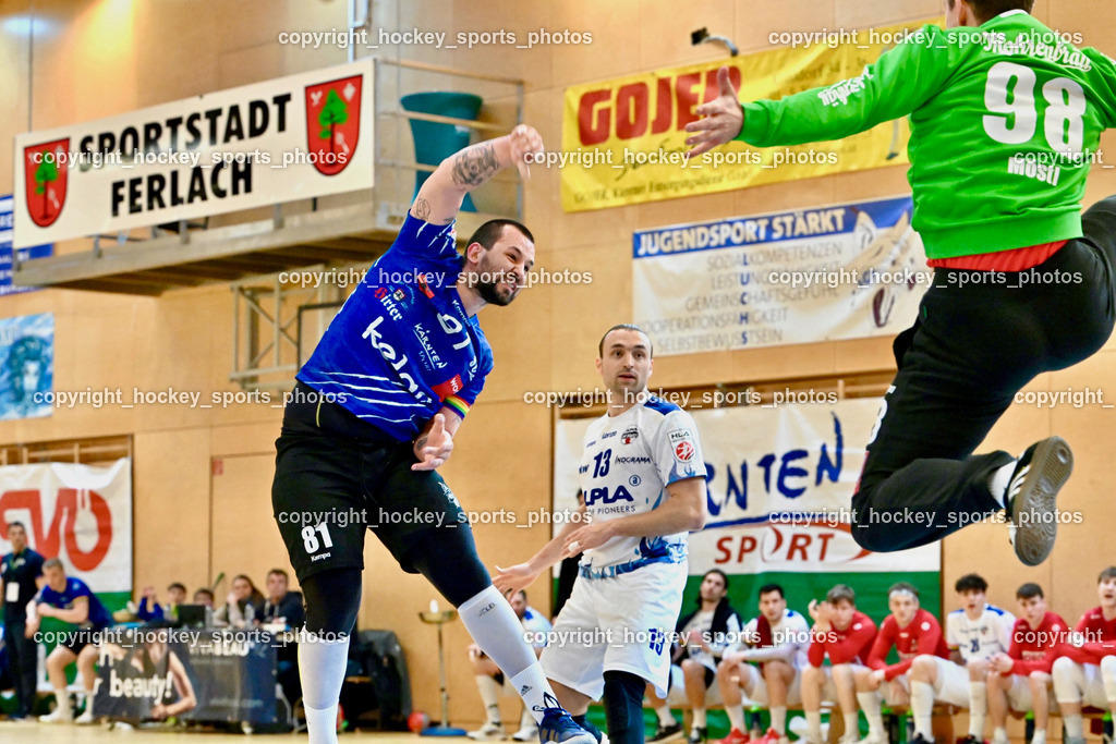 SC Ferlach vs. ALPLA HC Hard 2.3.2024 | #81 MILICEVIC Adrian SC Ferlach, #13 WÜSTNER Frederic HC Hard, #98 MÖSTL Constantin HC Hard, SC Ferlach vs. ALPLA HC Hard 2.3.2024, SC Ferlach vs. ALPLA HC Hard am 02.03.2024 in Ferlach (Ballspielhalle Ferlach), Austria, (Photo by Bernd Stefan)