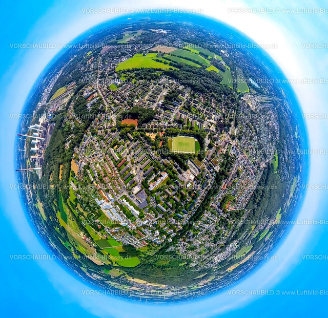 Gladbeck240890531ZweckelSportplatz | Luftbild, Fußballstadion Sportplatz SV Zweckel 23 e.V. Fußballverein, Wohngebiet Zweckel, Erdkugel, Fisheye Aufnahme, Fischaugen Aufnahme, 360 Grad Aufnahme, tiny world, little planet, fisheye Bild, Zweckel, Gladbeck, Ruhrgebiet, Nordrhein-Westfalen, Deutschland