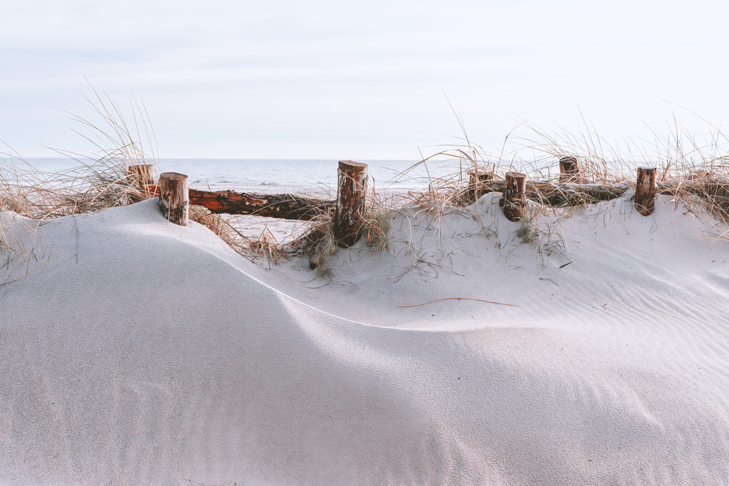 Strandhafer und Holzpfähle am Ostseestrand – Ruhiger Moment in Damp | Dieses Wandbild aus Damp zeigt eine ruhige Szene am Strand, in der heller Sand, Strandhafer und verwitterte Holzpfähle miteinander wirken. Die Pfähle stehen fest im Sand und bilden eine klare Linie, die dem Motiv Struktur verleiht. Der Strandhafer setzt warme, natürliche Akzente und bewegt sich leicht im Wind. Dahinter öffnet sich der Blick zur Ostsee, deren weiche Farben den Übergang zwischen Wasser und Himmel sanft erscheinen lassen. Das Bild fängt einen stillen Moment ein, geprägt von Klarheit, Licht und der typischen Atmosphäre der Küste in Damp.