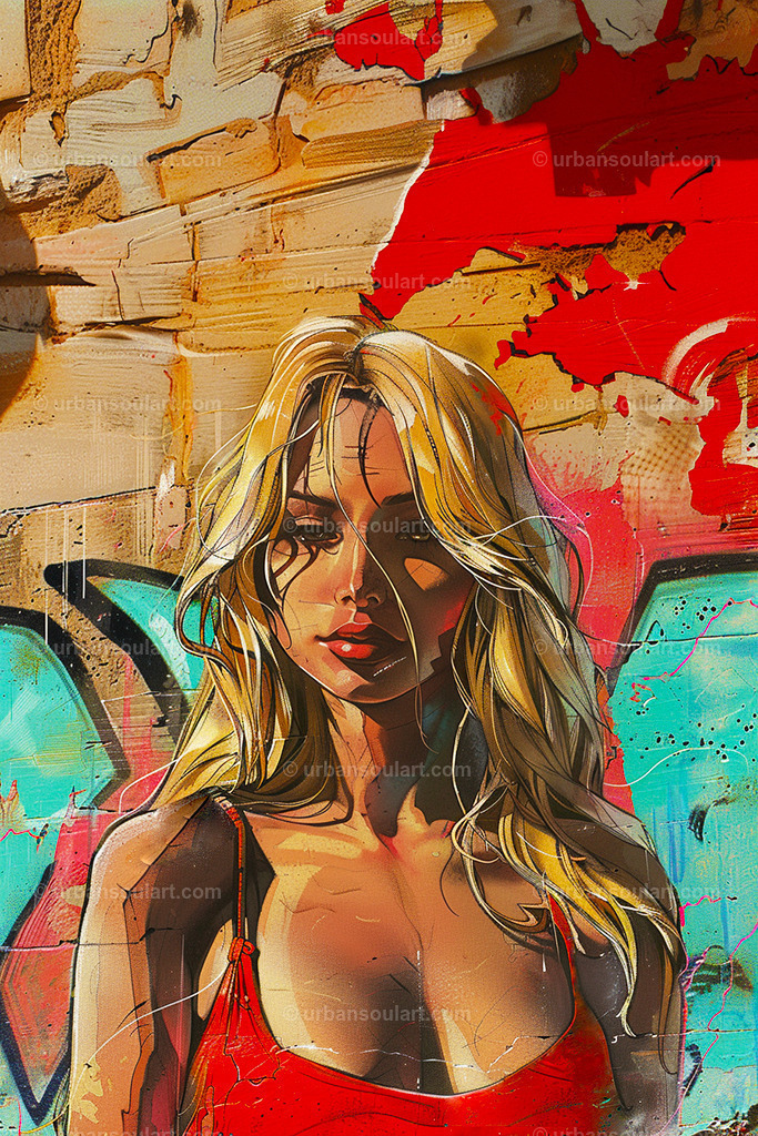 Blonde Woman In Red Summer Top | A striking street-art-style portrait of a blonde woman in a red top against a vibrant background. Great for modern spaces with an urban aesthetic. - Realisiert mit Pictrs.com