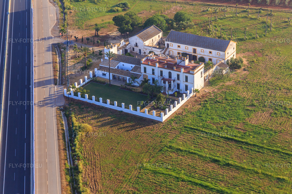 Vue aérienne: L'Hacienda Menaca est située entre des oliveraies sur l'autoroute A-4 Autovia del Sur. à Dos Hermanas dans le département Séville, Espagne. Photo: IMG_145756.jpg prise le 22/04/2025 par Werner Riehm/FLY-FOTO.euRésolution de l'original: 5472 x 3648 px