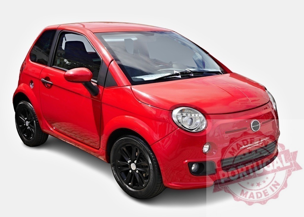 Red Microcar Aixam Coupe S Stopping on White Background | Shiny red Microcar Aixam Coupe S parked on a white background, showcasing its compact design and modern features - Realisiert mit Pictrs.com