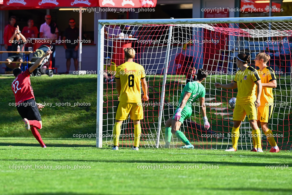 ATUS Ferlach vs.KAC 1909 16.9.2023 | #22 Stephan Bürgler ATUS Ferlach, #6 Peter Pucker KAC, #1 Fabian Rabinig, #4 Patrick Legner KAC, #19 Alexander Maximinian Bergmann KAC, Kärntnerliga, ATUS Ferlach - KAC 1909 am 16.09.2023 in Ferlach (Sportplatz ATUS Ferlach), Austria, (Photo by Bernd Stefan)