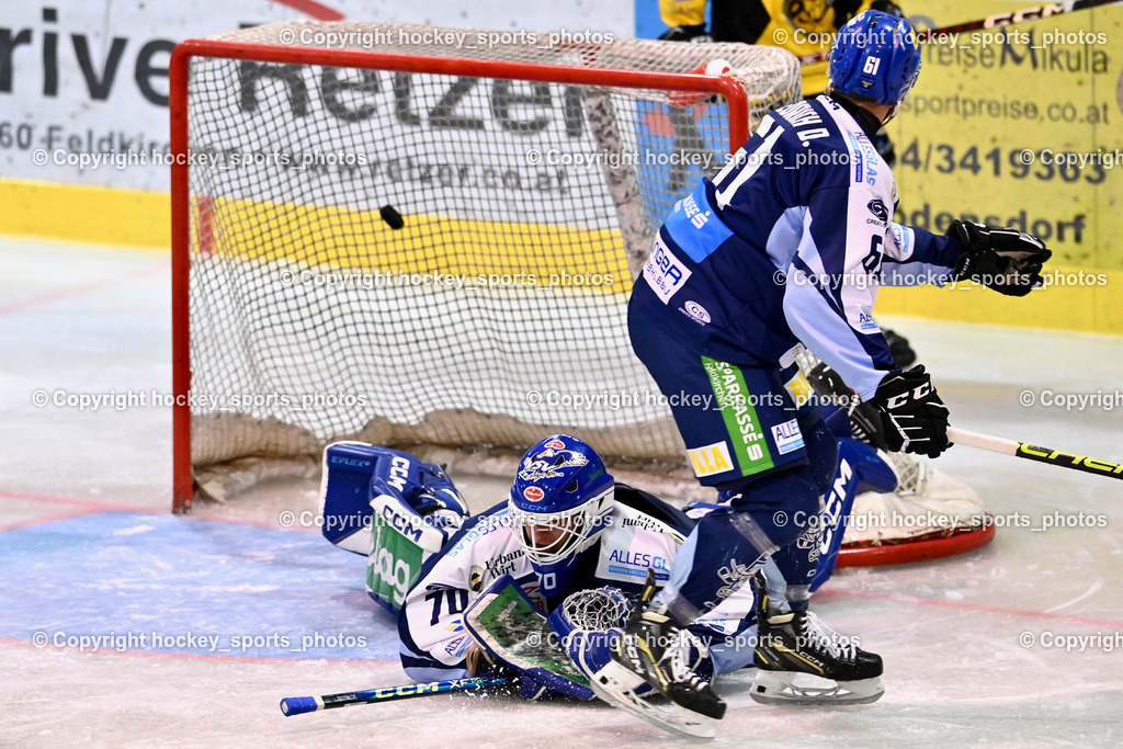 ESC Steindorf vs. MET PHOTOVOLTAIK HORNETS SPITTAL | Tor HORNETS SPITTAL, #70 Moser Lukas ESC Steindorf, #61 Friedrich Daniel ESC Steindorf, ESC Steindorf vs. MET PHOTOVOLTAIK HORNETS SPITTAL, ESC Steindorf vs. MET PHOTOVOLTAIK HORNETS SPITTAL am 26.10.2024 in Steindorf (Ossiachersee Halle), Austria, (Photo by Bernd Stefan)