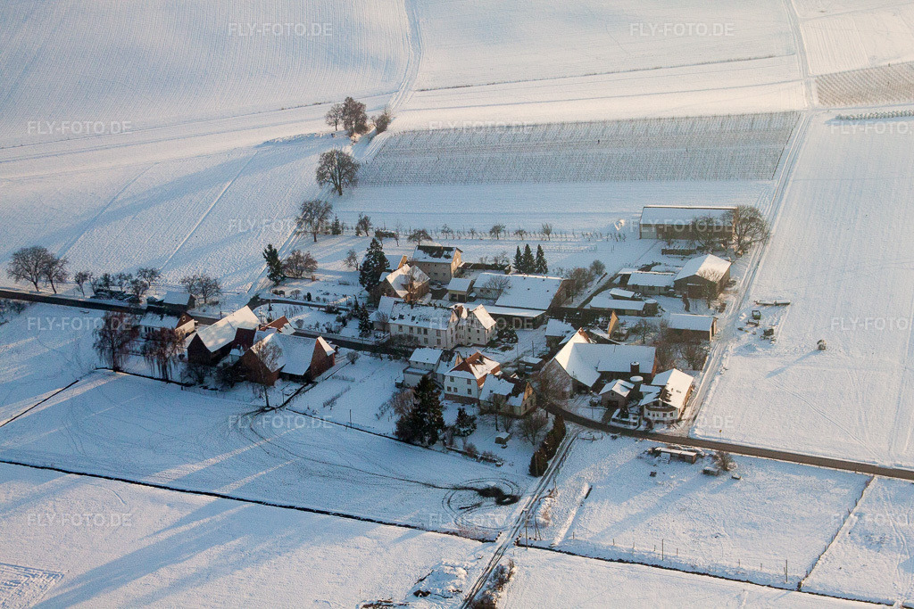 Luftbild: Winterlich schneebedeckte Drehbare Photovoltaikanlage auf einem Stall im Ortsteil Deutschhof in Kapellen-Drusweiler im Bundesland Rheinland-Pfalz in Deutschland. Foto: IMG_36460.jpg vom 03.01.2011 durch Werner Riehm/FLY-FOTO.de