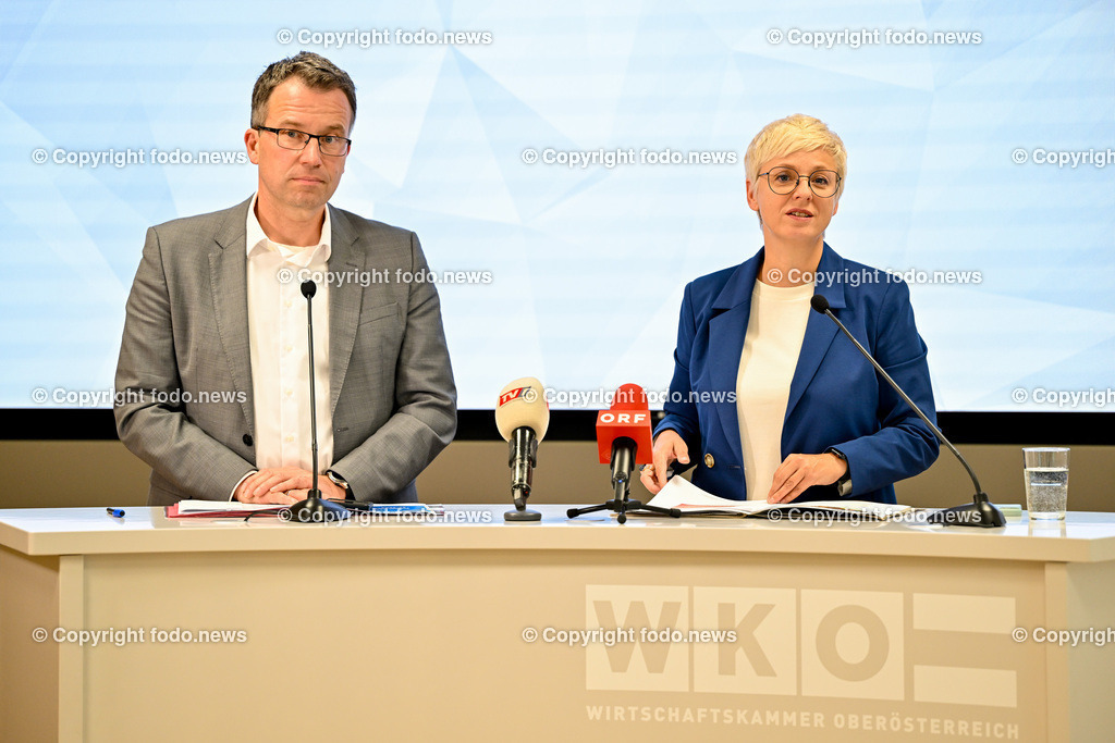 Pressekonferenz WKO Oberoesterreich_ Ooe._ Now4Tomorrow_ 03.07.2024-6 | 03.07.2024, Linz, AUT, Pressekonferenz WKO Oberoesterreich, Ooe., Now4Tomorrow - Wir muessen die Zukunft jetzt gestalten, im Bild Johannes Kopf, Vorstandsvorsitzender AMS Oesterreich), Doris Hummer (Praesidentin der Wirtschaftskammer Ooe)