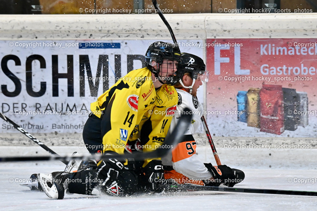 EC Hornets Spittal vs. USC Piraten Velden 18.2.2024 | #14 Stele Florian EC Hornets Spittal, #97 Pirsch Christoph USC Velden, EC Hornets Spittal vs. USC Piraten Velden 18.2.2024, EC Hornets Spittal vs. USC Piraten Velden 18.2.2024 am 18.02.2024 in Spittal an der Drau (Eissportzentrum Spittal), Austria, (Photo by Bernd Stefan)