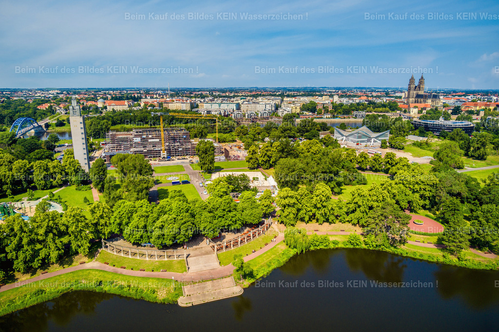 Magdeburg Adolf-Mittag-See Stadthalle Turm Hyparschale MDR Dom-2 | Terrasse am Adolf-Mittag-See und Stadthalle Baustelle - Realisiert mit Pictrs.com