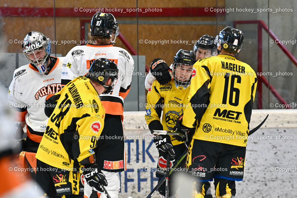 EC Hornets Spittal vs. USC Piraten Velden 18.2.2024 | #29 Stroi Thomas USC Velden, #98 Thalhammer Dominic EC Hornets Spittal, #97 Pirsch Christoph USC Velden, #8 Komar Luca EC Hornets Spittal, #7 DeSantis lason USC Velden, #16 Nageler Daniel EC Hornets Spittal, EC Hornets Spittal vs. USC Piraten Velden 18.2.2024, EC Hornets Spittal vs. USC Piraten Velden 18.2.2024 am 18.02.2024 in Spittal an der Drau (Eissportzentrum Spittal), Austria, (Photo by Bernd Stefan)
