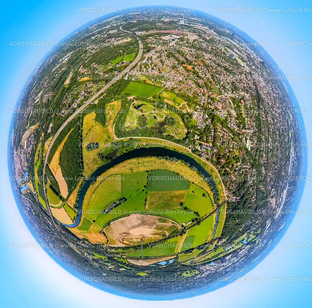 Oberhausen230790132_Alstede_Ruhrdeich | Luftbild, Styrumer Ruhrbogen, Alstede Ruhrdeich, Fluss Ruhr, Erdkugel, Fisheye Aufnahme, Fischaugen Aufnahme, 360 Grad Aufnahme, tiny world, Alstaden, Oberhausen, Ruhrgebiet, Nordrhein-Westfalen, Deutschland