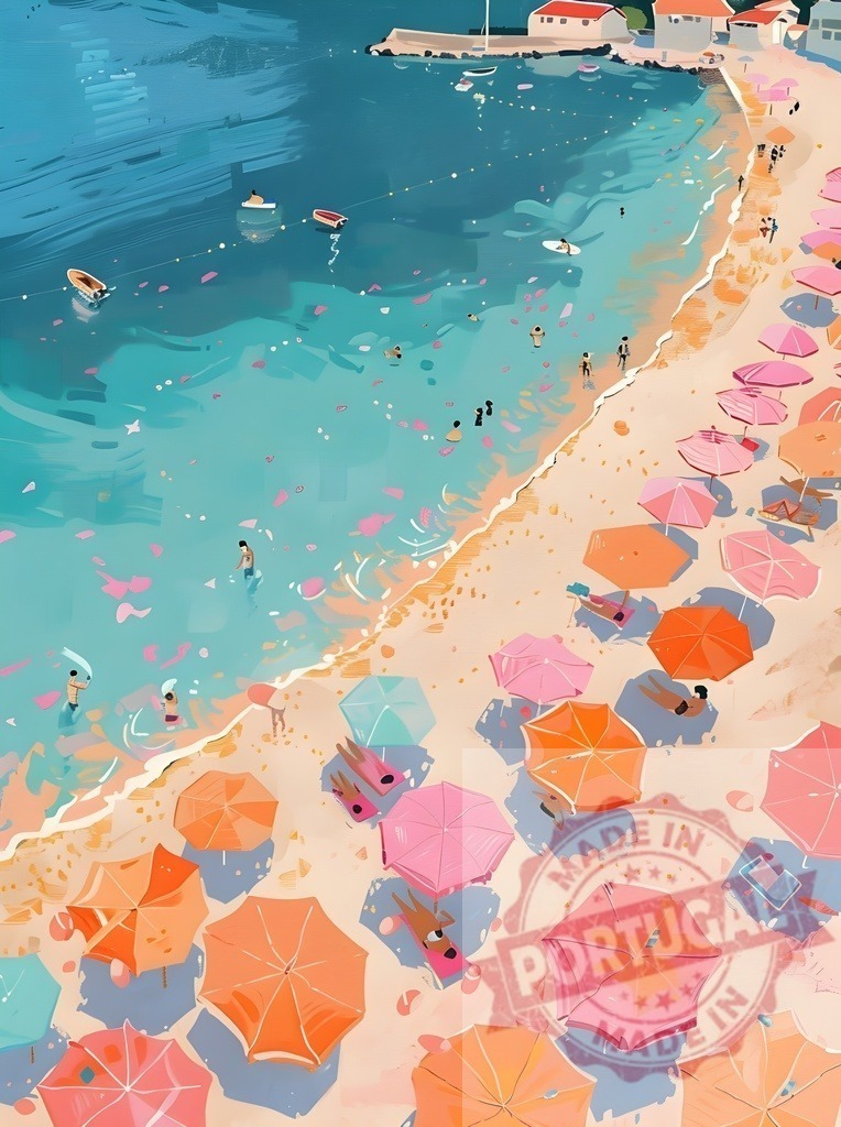 Aerial view of a crowded summer beach | Colorful umbrellas lining the sunny beach with tourists enjoying ocean relaxation - Realized with Pictrs.com