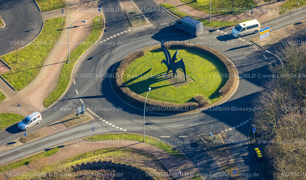 Selm230205373Bork | Luftbild, Kreisverkehr mit Skulptur, Kunstwerk WING, Netteberger Straße und Bundesstraße B236, Bork, Selm, Münsterland, Nordrhein-Westfalen, Deutschland