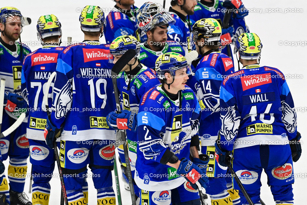 EC IDM WÄRMEPUMPEN VSV vs. EC KAC | EC VSV Mannschaft, #19 WIELTSCHNIG PAOLO EC VSV, #2 MACPHERSON Dylan EC VSV, #14 TSCHURNIG Johannes EC VSV, #16 HANCOCK Kevin EC VSV, EC IDM WÄRMEPUMPEN VSV vs. EC KAC, EC IDM WÄRMEPUMPEN VSV vs. EC KAC am 02.02.2025 in Villach (Stadthalle Villach), Austria, (Photo by Bernd Stefan)