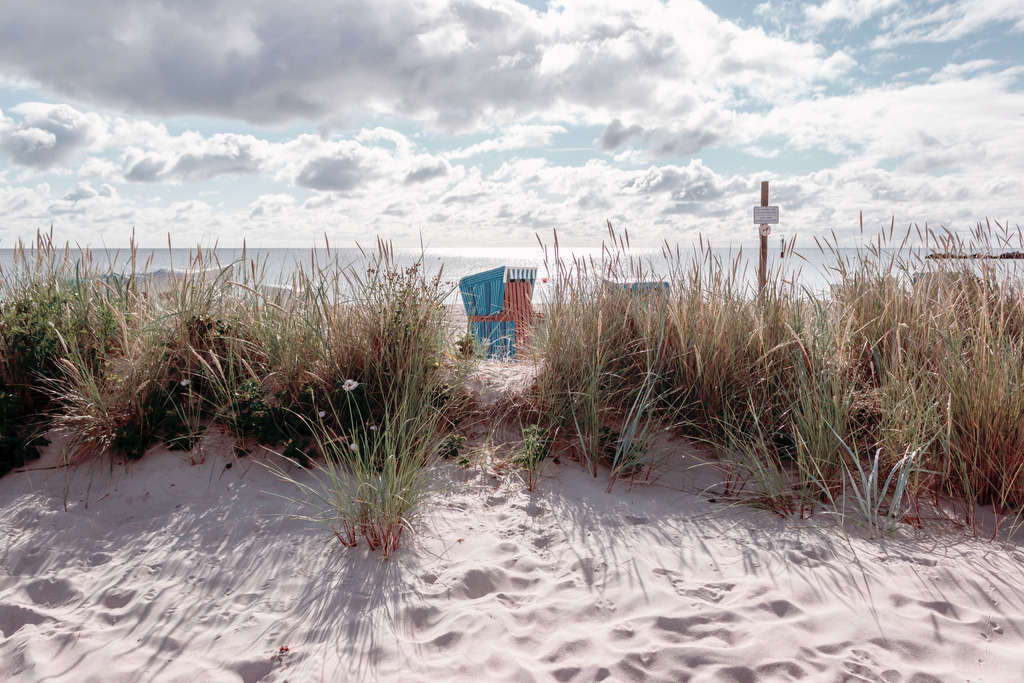 Wandbild: Sommer am Meer in dezenten Farben | Dieses Wandbild im Querformat zeigt eine kleine Düne bewachsen mit Strandhafer im Sommer. Durch eine kleine Lücke im Strandhafer kann man einen Strandkorb am Meer sehen. Auf dem Sandstrand im Vordergrund sind die Schatten des Strandhafers zu erkennen. Dieses sommerliche Strandmotiv lädt zum Träumen ein. Holen Sie sich mit diesem dekorativen Wandbild den Strandurlaub für das ganze Jahr nach Hause oder an den Arbeitsplatz. Es ist auf Leinwand, auf Aluminium-Platte, Acrylglas oder als Holzdruck erhältlich. Die Wandbilder werden individuell für Sie in vielen Abmessungen produziert. Daher passen die Ostseekult Wandbilder immer perfekt an Ihre Wände. - Realisiert mit Pictrs.com