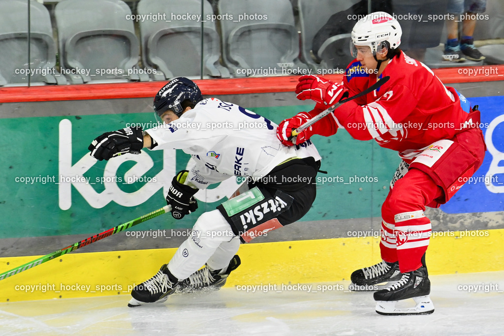 EC KAC Future Team vs. Die Adler Kitzbühl 7.10.2023 | #93 Tschurnig Johannes EC Kitzbühel, #23 Smolnikar Tit EC KAC FUTURE TEAM, EC KAC Future Team vs. Die Adler Kitzbühl 7.10.2023, EC KAC Future Team vs. Die Adler Kitzbühl am 07.10.2023 in Klagenfurt (Messehalle Klagenfurt), Austria, (Photo by Bernd Stefan)