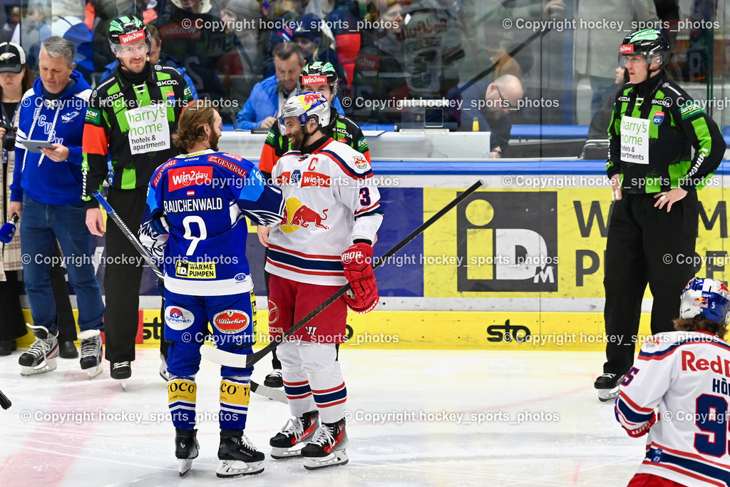 EC IDM WÄRMEPUMPEN VSV vs. EC Red Bull Salzburg | #9 RAUCHENWALD Alexander EC VSV, #3 Schneider Peter EC Redbull Salzburg, GROZNIK BOSTJAN Referee, ZGONC GASPER JAKA Referee, EC IDM WÄRMEPUMPEN VSV vs. EC Red Bull Salzburg, EC IDM WÄRMEPUMPEN VSV vs. EC Red Bull Salzburg am 17.01.2025 in Villach (Stadthalle Villach), Austria, (Photo by Bernd Stefan)