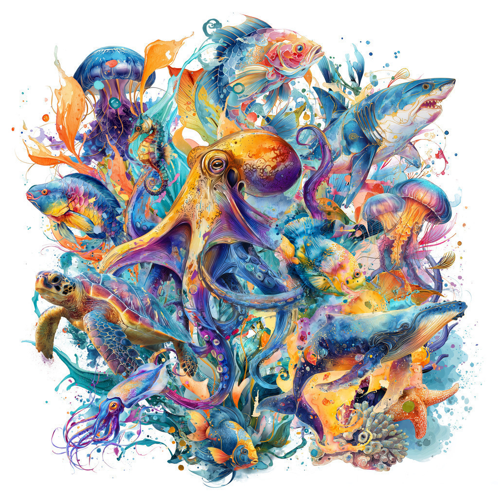 2510012 - Geheimnisvolle Tiefe | Ein faszinierendes Zusammenspiel aus geheimnisvollen Meeresbewohnern – vereint zu einer farbintensiven Collage voller Bewegung und Ausdruck. Dieses Motiv fängt die Magie des Ozeans ein und verwandelt sie in ein modernes Kunstwerk mit außergewöhnlicher Strahlkraft.Über „Bestellen“ wählst du ganz einfach Format und Ausführung.