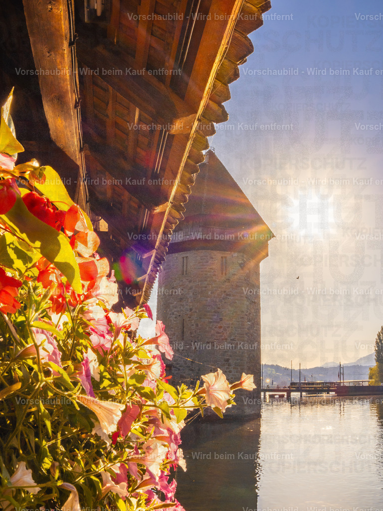 Kapellbrücke Luzern im Sommerlicht | Sommerliche Ansicht der Kapellbrücke in Luzern mit blühenden Blumen - Realisiert mit Pictrs.com