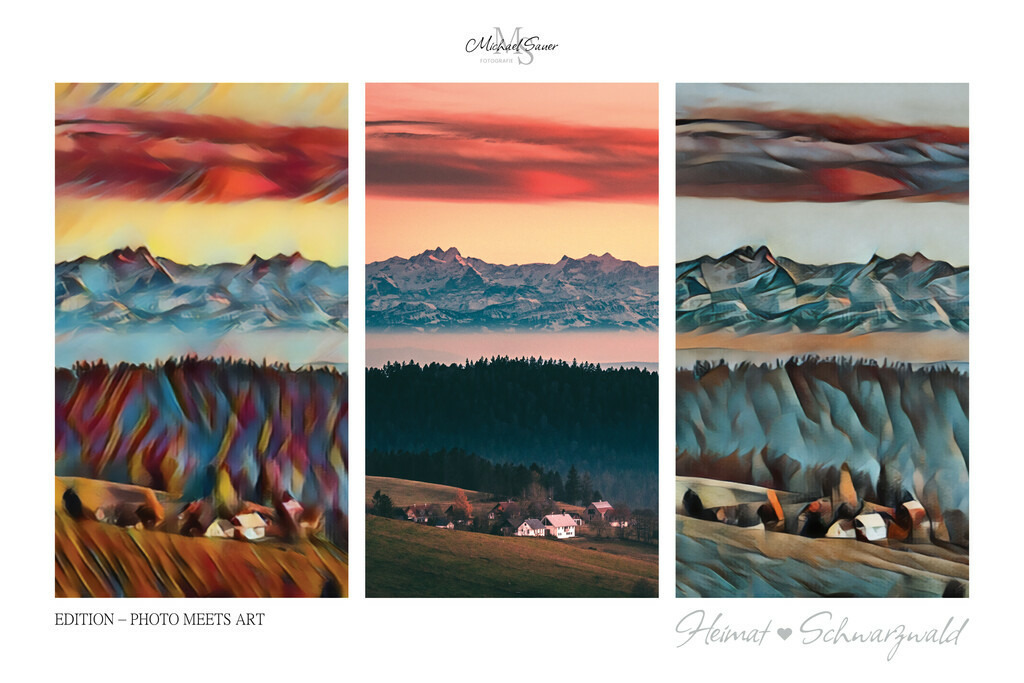 Edition “PHOTO MEETS ART” | Die Edition “PHOTO MEETS ART” ist eine außergewöhnliche Schwarzwald-Bildergalerie für alle Kunstliebhaber. Bei diesen Werken handelt es sich um exklusive Digitalkunst, bei denen mittels künstlicher Intelligenz neue Visualisierungen erschaffen wurden. Das Ergebnis ist eine 3er-Bild-Collage mit der realen Fotografie im Zentrum, flankiert von zwei unterschiedlichen Kunststilen. Natürlich ausschließlich mit Bildern aus dem Schwarzwald! - Realisiert mit Pictrs.com