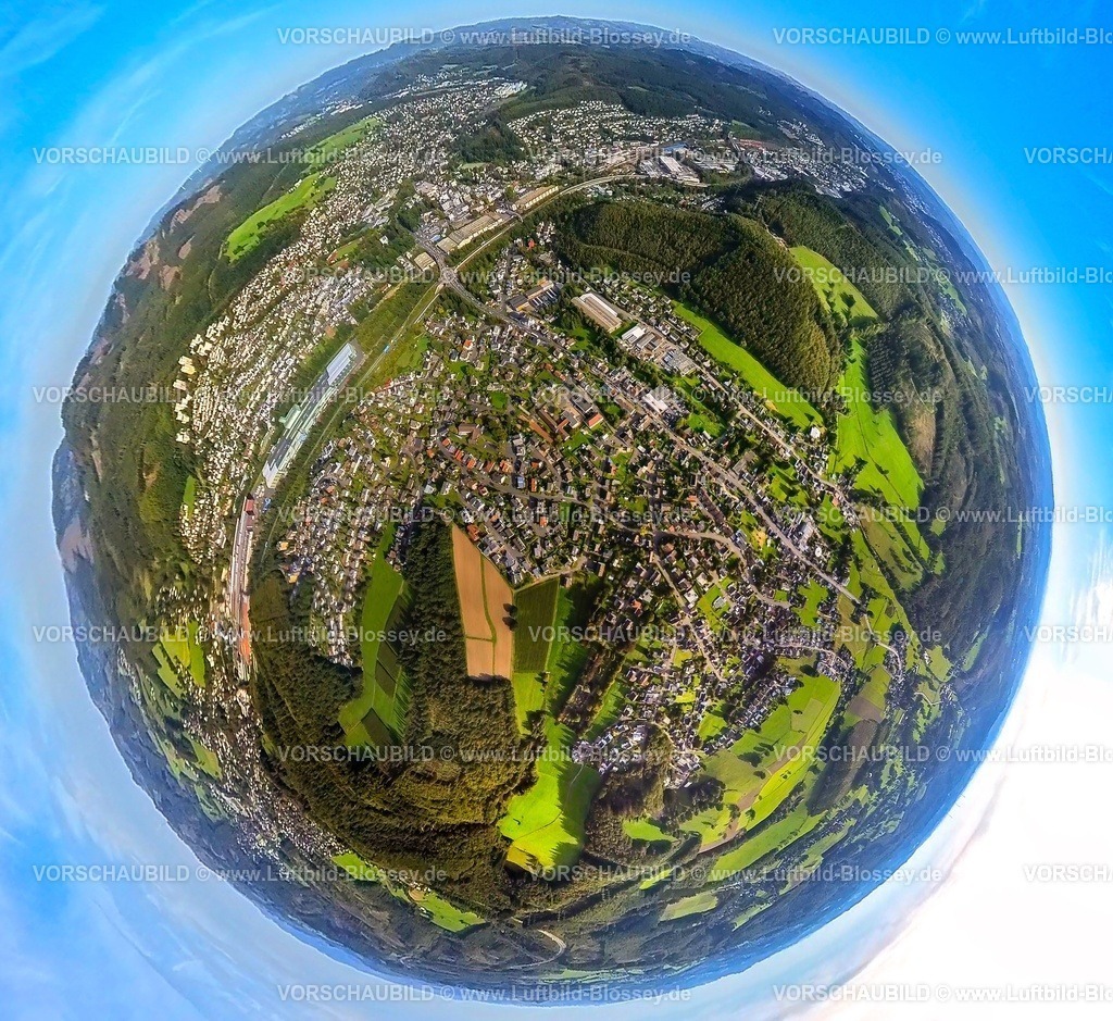 Kreuztal230990393Fellinghausen | Luftbild, Ortsansicht Ortsteil Fellinghausen, Erdkugel, Fisheye Aufnahme, Fischaugen Aufnahme, 360 Grad Aufnahme, tiny world, Fellinghausen, Kreuztal, Sauerland, Nordrhein-Westfalen, Deutschland
