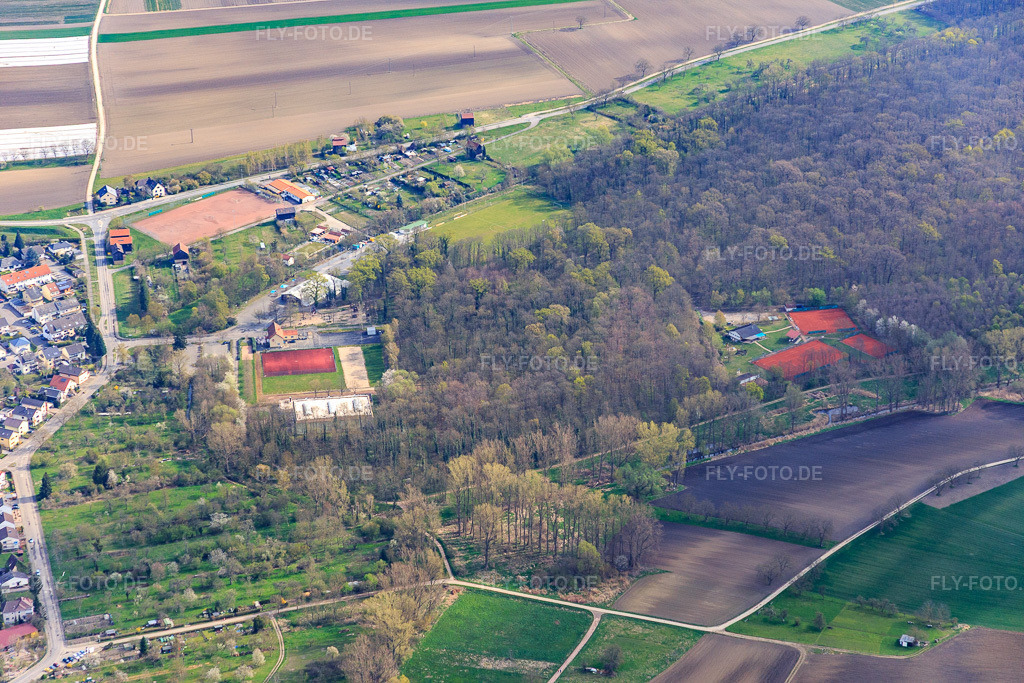 Luftbild: Rheinauenhallen und Tennisplätze des Tennisverein Waldsee im Wald in Waldsee im Bundesland Rheinland-Pfalz in Deutschland. Foto: IMG_076894.jpg vom 12.04.2015 durch Werner Riehm/FLY-FOTO.de\n Tennisverein 1974 Waldsee e.V.\n