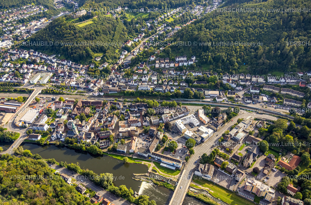 Hagen230902713 | Luftbild, Innenstadtansicht Hohenlimburg, Fluss Lenne, Evangelisch-Reformierte Kirche Hohenlimburg, Hagen, Ruhrgebiet, Nordrhein-Westfalen, Deutschland