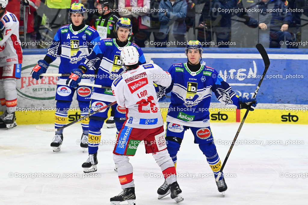 EC IDM WÄRMEPUMPEN VSV vs. EC KAC | #26 Lam Oliver EC KAC, #78 MAXA Felix EC VSV, #81 RICHTER Marco EC VSV, #77 LINDNER Philipp EC VSV, EC IDM WÄRMEPUMPEN VSV vs. EC KAC, EC IDM WÄRMEPUMPEN VSV vs. EC KAC am 02.02.2025 in Villach (Stadthalle Villach), Austria, (Photo by Bernd Stefan)