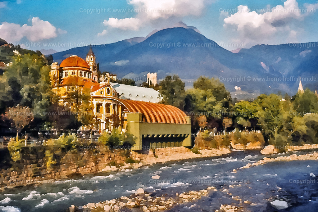 PDM2_Meran-Passer-1974_150x100 | DIGITALKUNST. Meran am Passer. __ Der Passer fließt durch die Südtiroler Stadt Meran. __ Die Fotovorlage stammt aus dem Jahr 1974. __ Seitenverhältnis = 3 zu 2 - Realisiert mit Pictrs.com