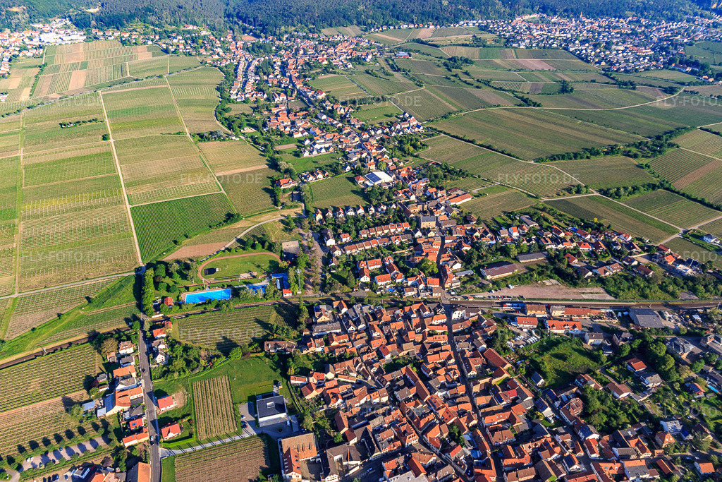 Luftbild: Kurpfalzstraße von Osten im Ortsteil Mußbach in Neustadt im Bundesland Rheinland-Pfalz in Deutschland. Foto: IMG_114184.jpg vom 26.05.2019 durch Werner Riehm/FLY-FOTO.de