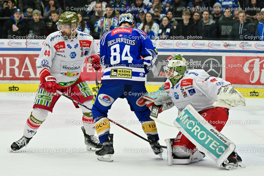 EC VSV vs. HC Bozen 16.2.2024 | #44 Valentine Scott, #84 Andrew Desjardins, #38 Harvey Sam, EC VSV vs. HC Bozen 16.2.2024, EC VSV vs. HC Bozen 16.2.2024 am 16.02.2024 in Villach (Stadthalle Villach), Austria, (Photo by Bernd Stefan)