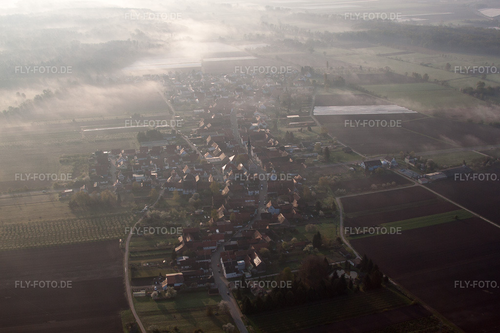 Luftbild: Im Morgendunst in Erlenbach bei Kandel im Bundesland Rheinland-Pfalz in Deutschland. Foto: IMG_49542.jpg vom 13.04.2012 durch Werner Riehm/FLY-FOTO.de