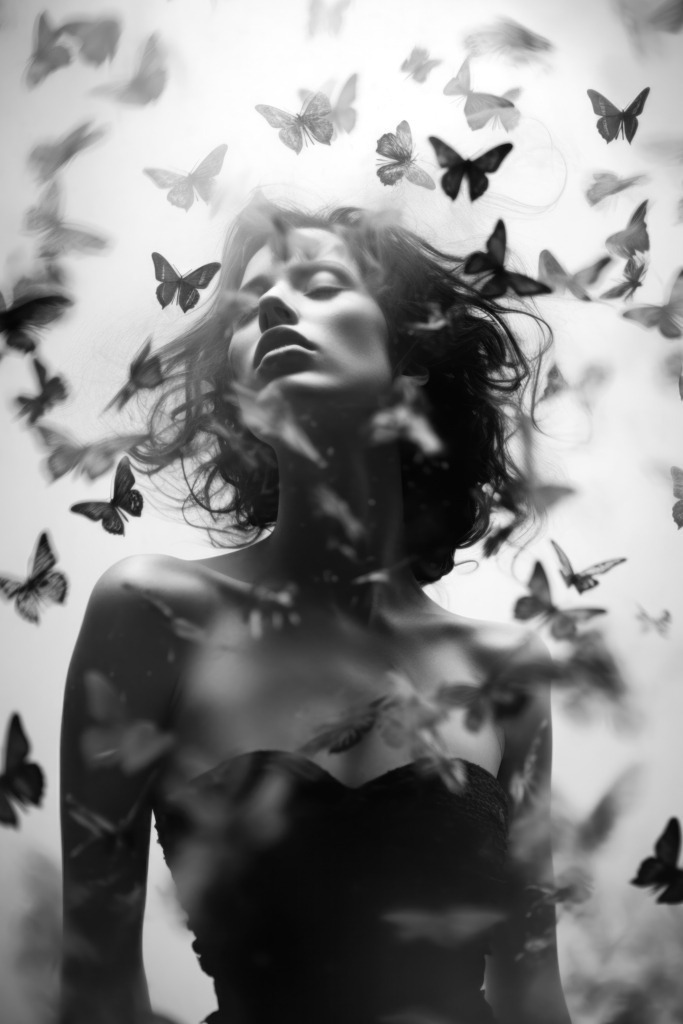 2308074 - Frau mit Schmetterlingen in schwarzweiß | Modernes ästhetisches Schwarzweißbild einer Frau mit vielen Schmetterlingen, das wie eine Fotografie wirkt.