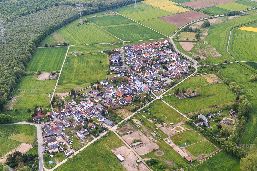 Luftbild: Ortsansicht am Waldrand aus Süden im Ortsteil Langwaden in Bensheim im Bundesland Hessen in Deutschland. Foto: IMG_088384.jpg vom 09.05.2016 durch Werner Riehm/FLY-FOTO.de
