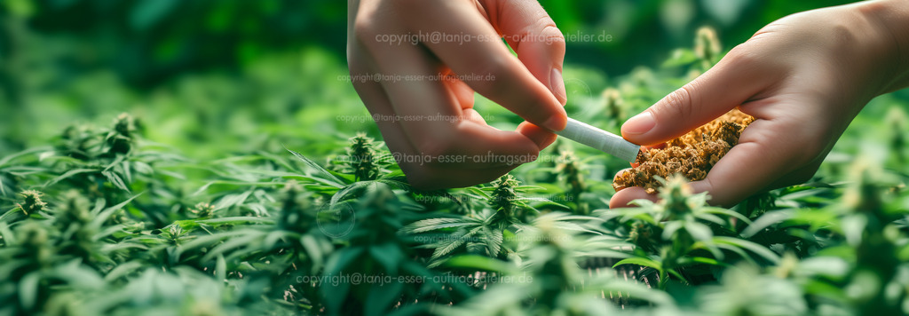 Zwei Hände drehen einen Joint in einem Hanf Garten | KI Bild: Zwei Hände halten einen Joint und die getrockneten Blüten von Cannabis Pflanzen. Im Hintergrund ist unscharf eine Cannabis Plantage zu sehen. Copy Space.