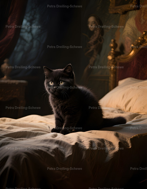 Black Cat Puppy  | A vintage Pic of a cute black kitten, sitting on a bed. - Realisiert mit Pictrs.com