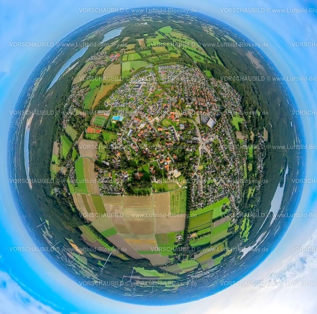 Haltern230990241Sythen | Luftbild, Ortsansicht Ortsteil Sythen, Erdkugel, Fisheye Aufnahme, Fischaugen Aufnahme, 360 Grad Aufnahme, tiny world, Sythen, Haltern am See, Ruhrgebiet, Münsterland, Nordrhein-Westfalen, Deutschland