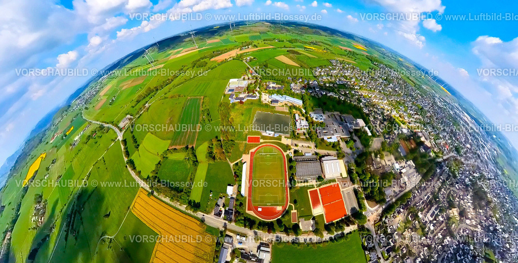 Brilon240590436Stadiion_Schulzentrum | Luftbild, Fußballstadion Zur Jakobuslinde Sportanlage und Schulzentrum mit Franziskusschule, Roman-Herzog-Schule und Georg-Friedrich-Daumer-Schule, Berufskolleg für Wirtschaft und Verwaltung, Altenbürener Straße und Naturschutzgebiet Hexenstein, Windräder, Erdkugel, Fisheye Aufnahme, Fischaugen Aufnahme, 360 Grad Aufnahme, tiny world, little planet, fisheye Bild, Brilon, Sauerland, Nordrhein-Westfalen, Deutschland
