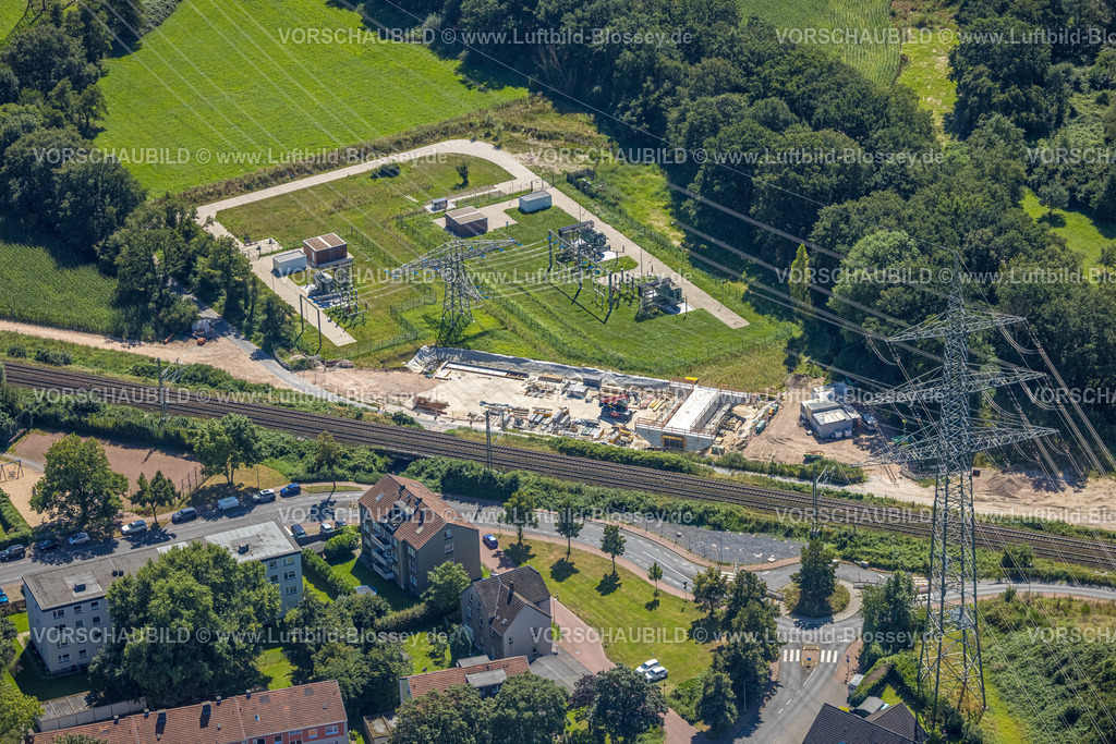 Dinslaken240803180 | Luftbild, Transformatorsttaion Umspannanlage Landwehrstraße und Bahnlinie, Baustelle, Hiesfeld, Dinslaken, Ruhrgebiet, Nordrhein-Westfalen, Deutschland